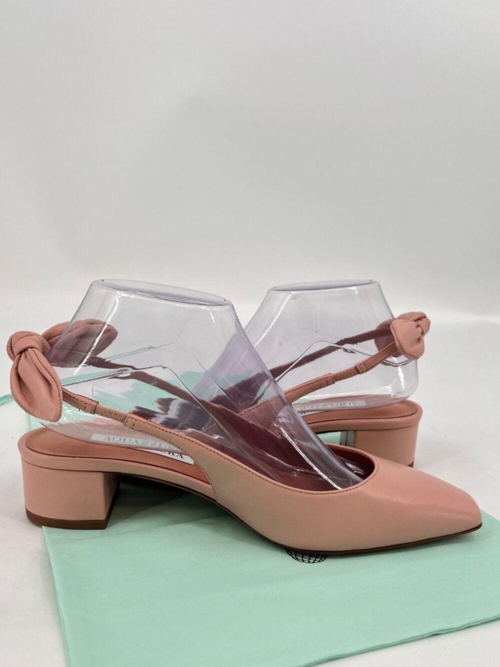 Aquazzura Very Bow Tie Sling Heels Pink Size 37.5 Leather Slip On Block Heel SB - Picture 4 of 14